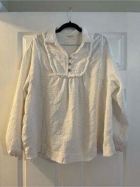 JODIFL White Gauze Ruffle Yoke Button Blouse